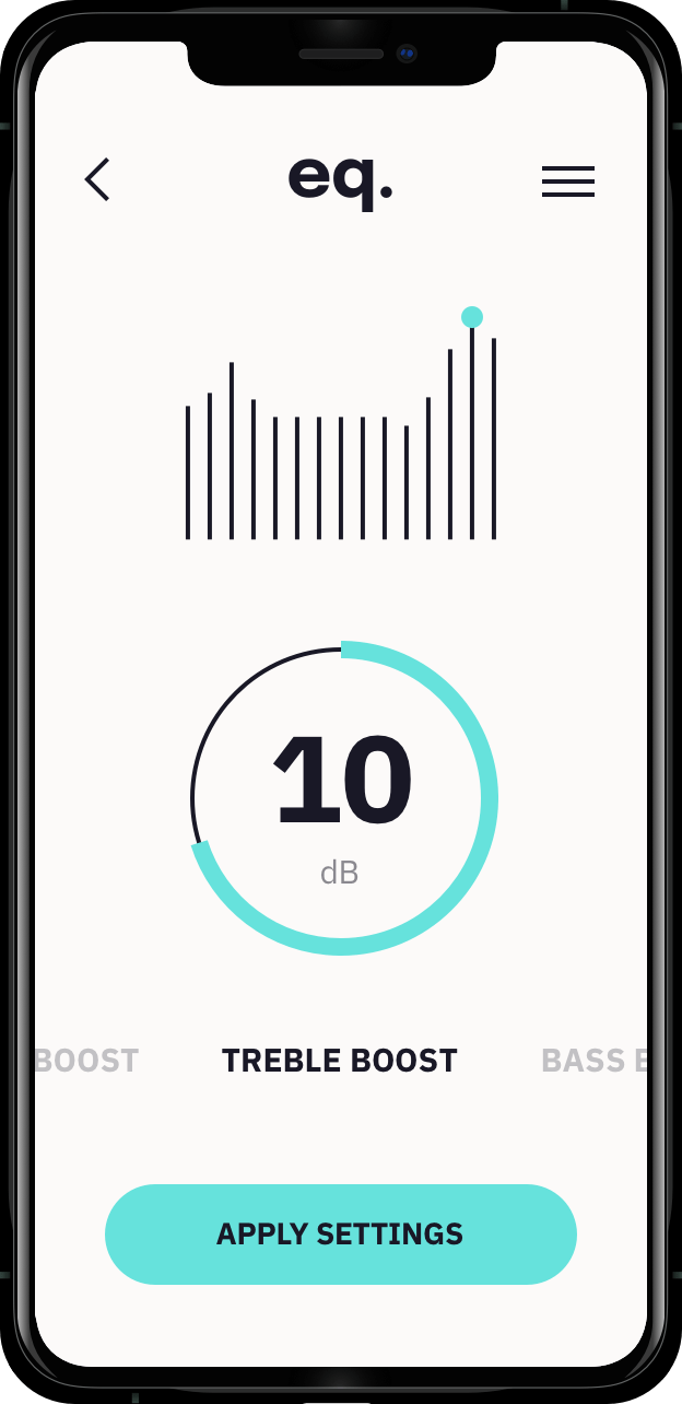 Equalizer mobile app interface with treble boost set to 10 dB